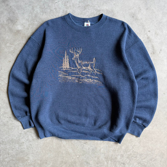 Vintage Navy Blue Gold Embroidered Whitetail Deer Sweatshirt