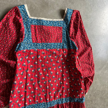 Vintage 70s Gunne Sax Red/Blue Floral Triptych And Polka Dot Prairie Dress