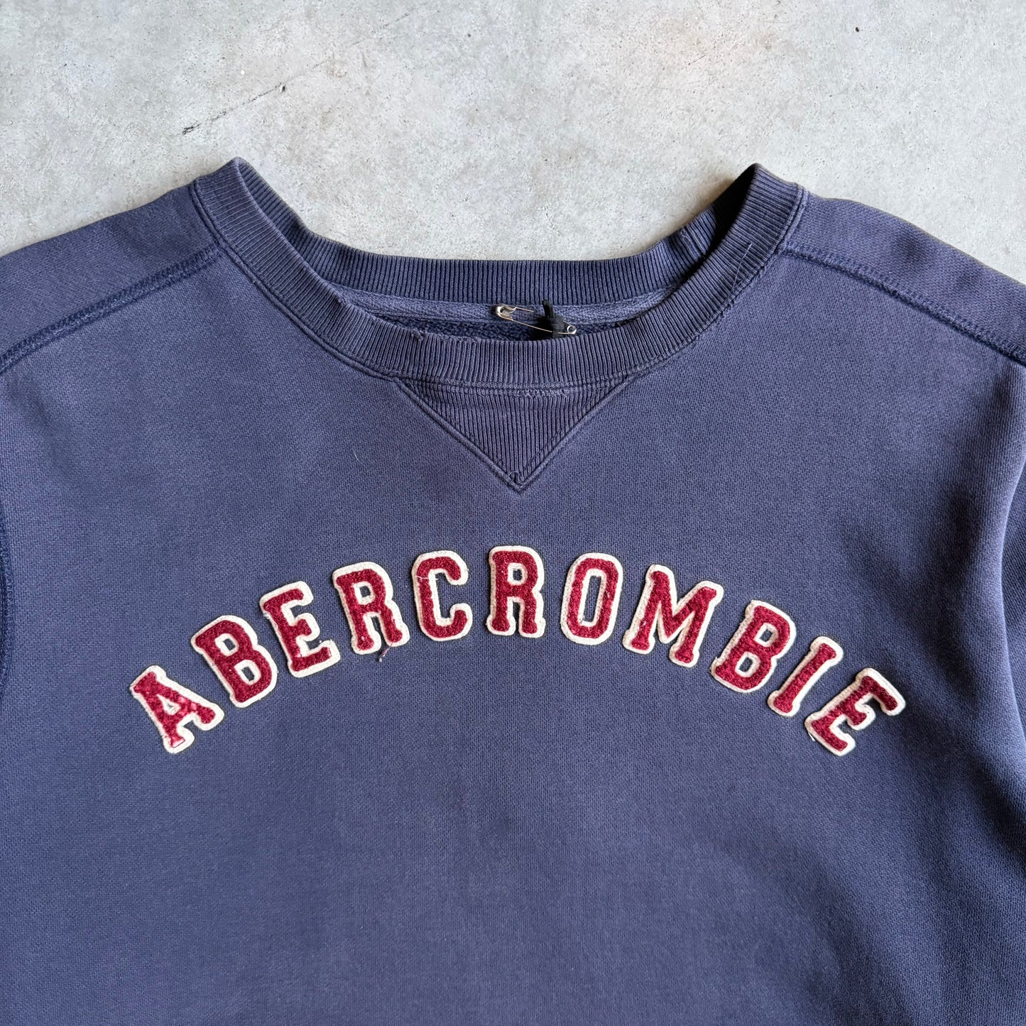 Y2K Abercrombie Faded Navy Blue Chenille Spellout Reverse Weave Crew Neck