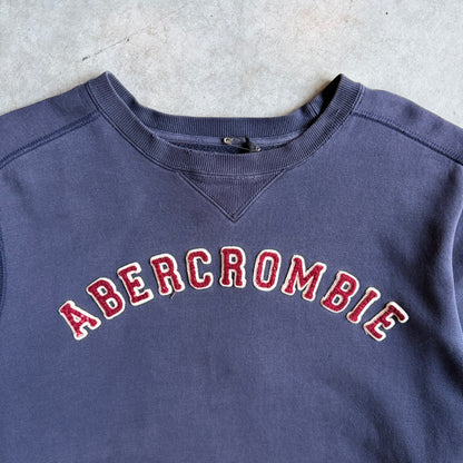 Y2K Abercrombie Faded Navy Blue Chenille Spellout Reverse Weave Crew Neck