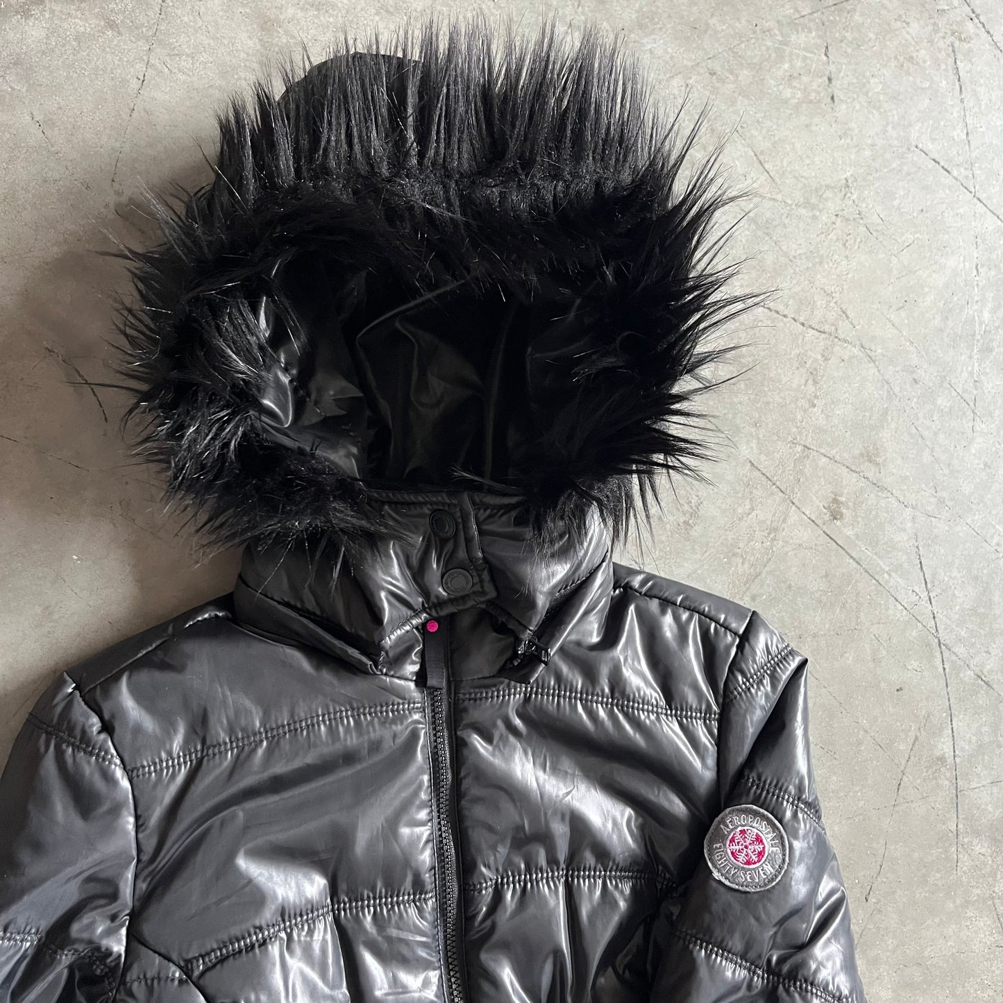 Women’s Y2K Aeropostale Black Puffer With Detachable Fur Hood