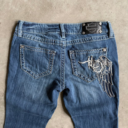 Women’s Harley Davidson Medium Wash Boot Cut Flairs w/Angel Wing Embroidery