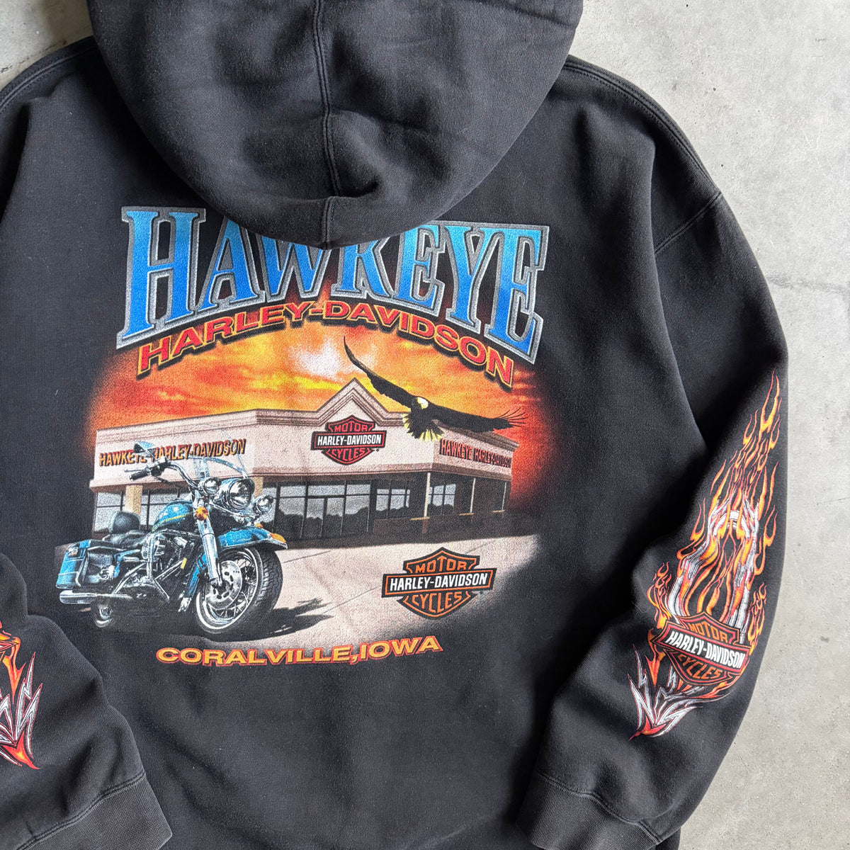 Y2K Harley Davidson Flame Sleeve Eagle Coralville Hoodie