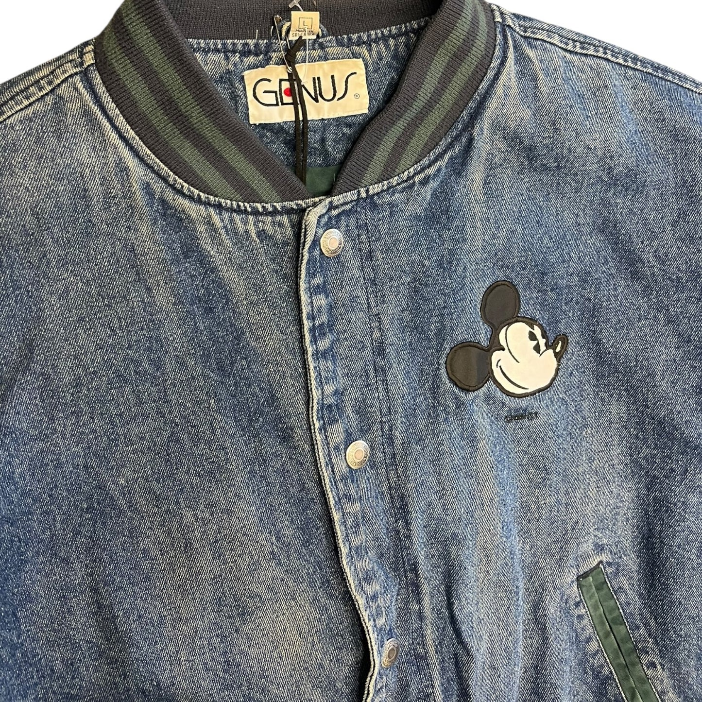 Vintage 90s Genius Mickey Mouse Denim Bomber Jacket