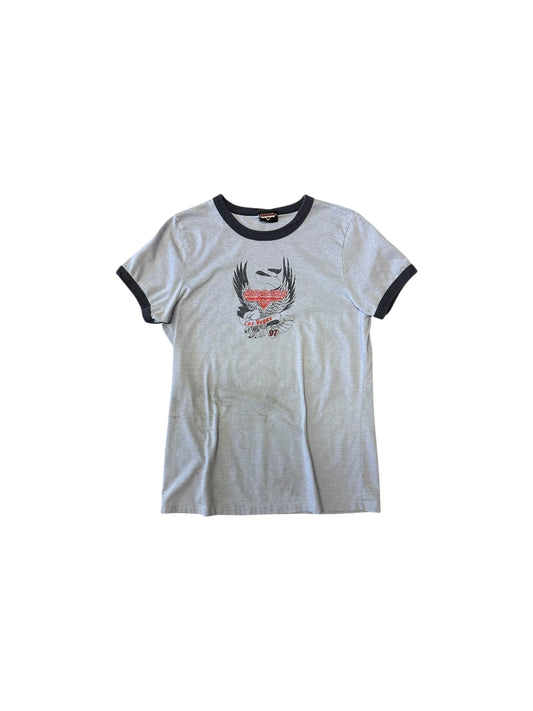 Women’s Vintage Harley Davidson Blue Harley Cafe Baby T