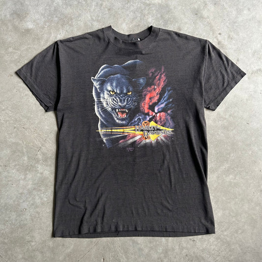 Vintage 3D Emblem Harley Davidson Galaxy Panther Flame Back T Shirt