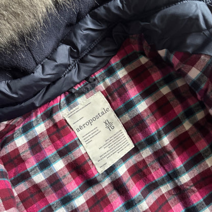 Women’s Y2K Aeropostale Navy Puffer Vest With Fur Hood