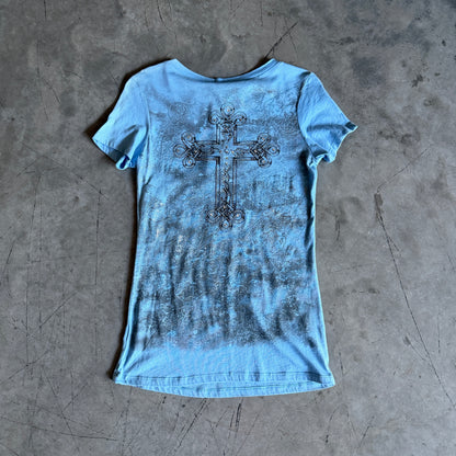 Y2K Vocal Blue/Silver Tattoo Grunge Cross Tee