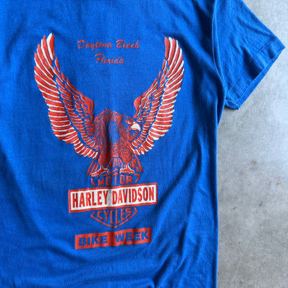 70s Daytona Beach Bike Week Harley Davidson Blue Tee