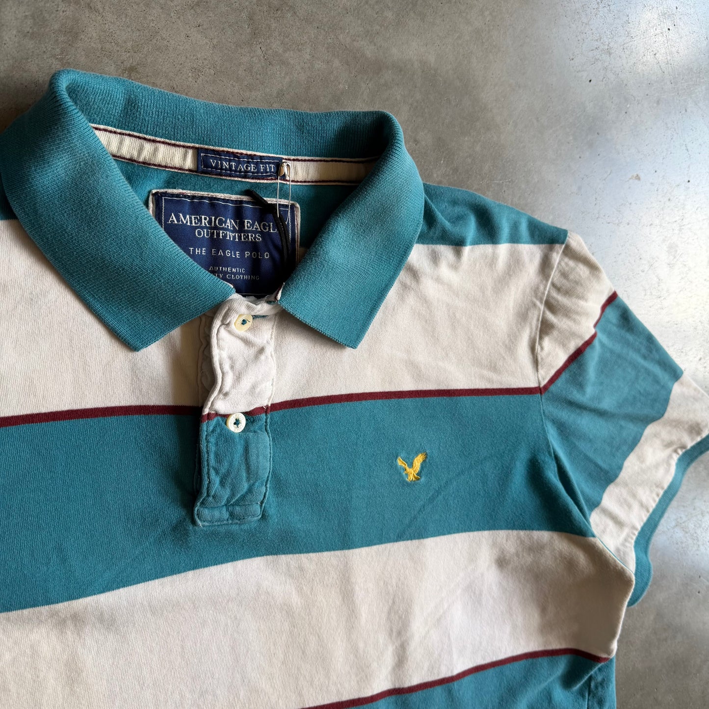 Y2K American Eagle Vintage Fit Teal & White Stripped Polo