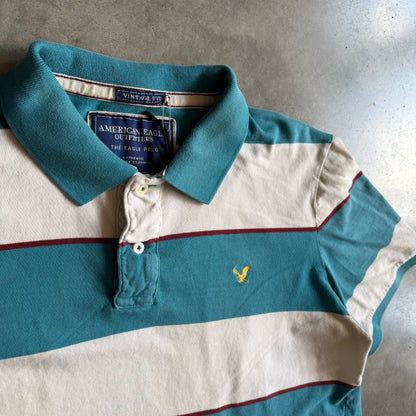 Y2K American Eagle Vintage Fit Teal & White Stripped Polo