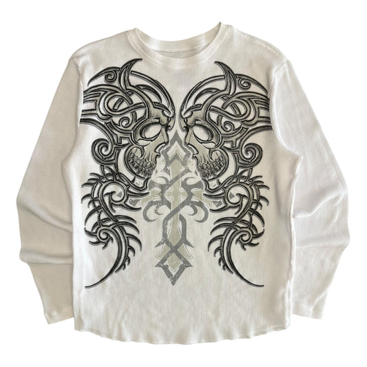 Y2K Faded Glory Skull Tribal White Thermal Long sleeve