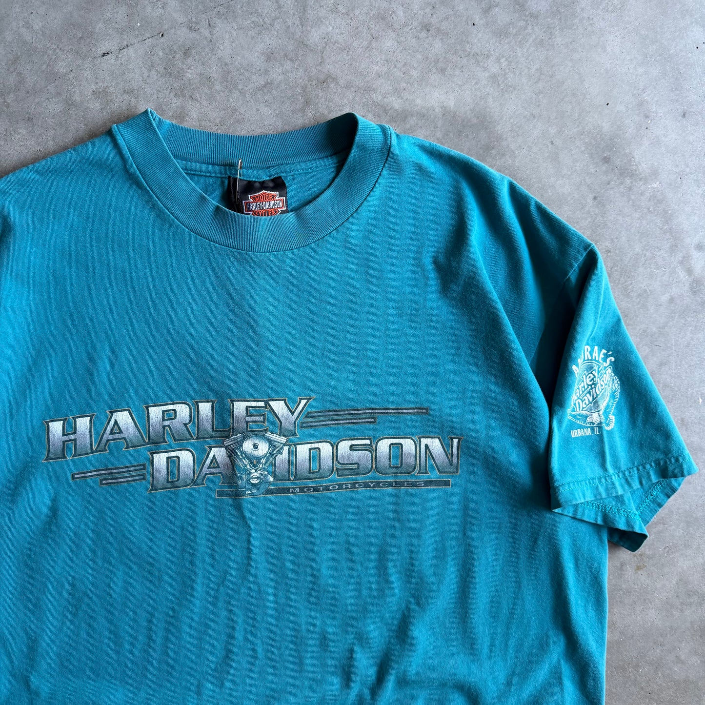 Vintage Andreas Harley Davidson Teal Spell-Out Tee