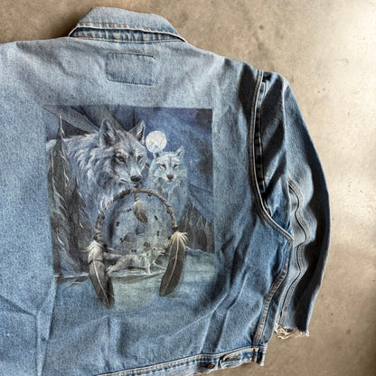 Vintage Tri-Mountain Denim Jacket w/ Wolf Painting On Back