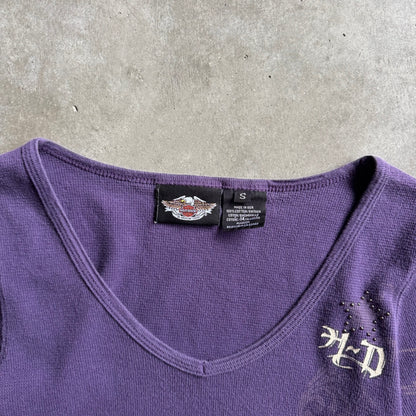 Women’s Y2K Harley Davidson Purple Thermal w/Spellout Tattoo Sleeves