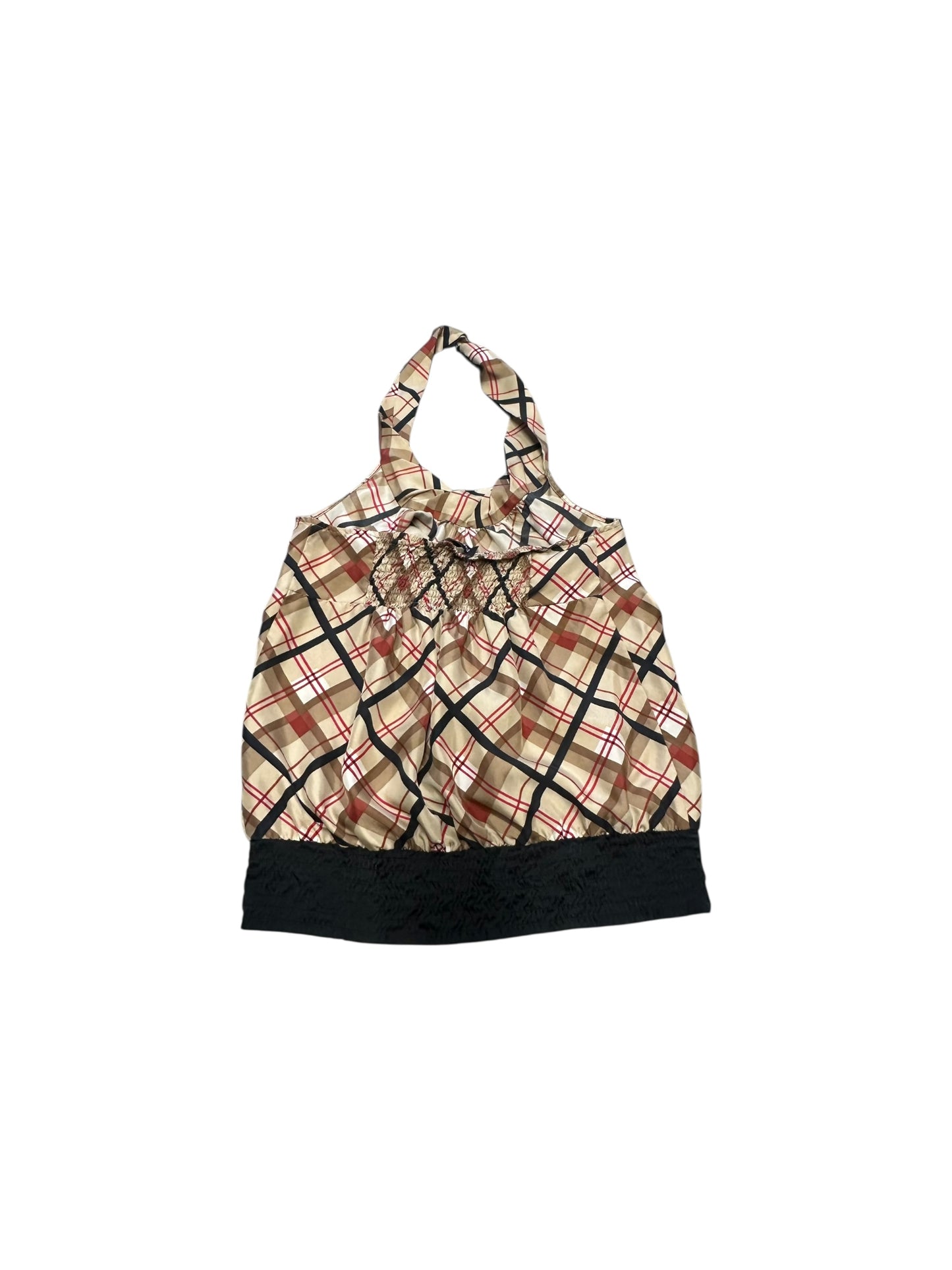 Women’s Y2K Bebe Tan/Red/Black Patterned Silk Halter Top
