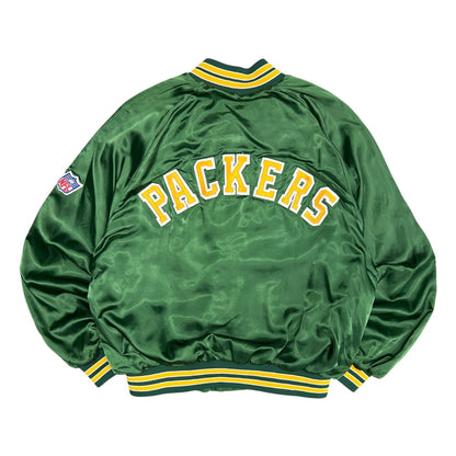 Vintage Chalk Line Patchwork Packers Satin Bomber Jacket
