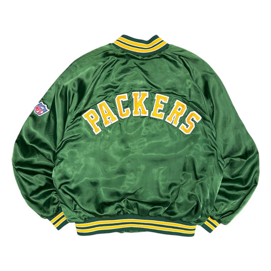 Vintage Chalk Line Patchwork Packers Satin Bomber Jacket
