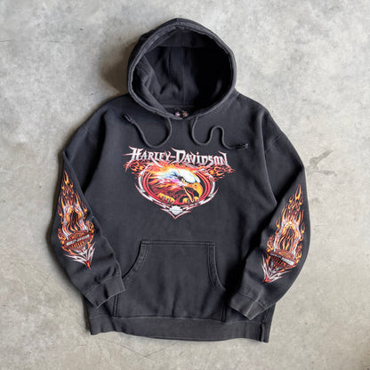 Y2K Harley Davidson Flame Sleeve Eagle Coralville Hoodie