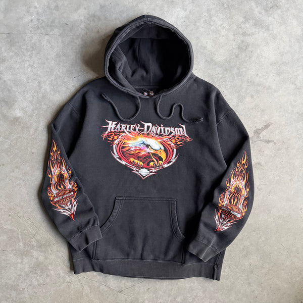 Y2K Harley Davidson Flame Sleeve Eagle Coralville Hoodie