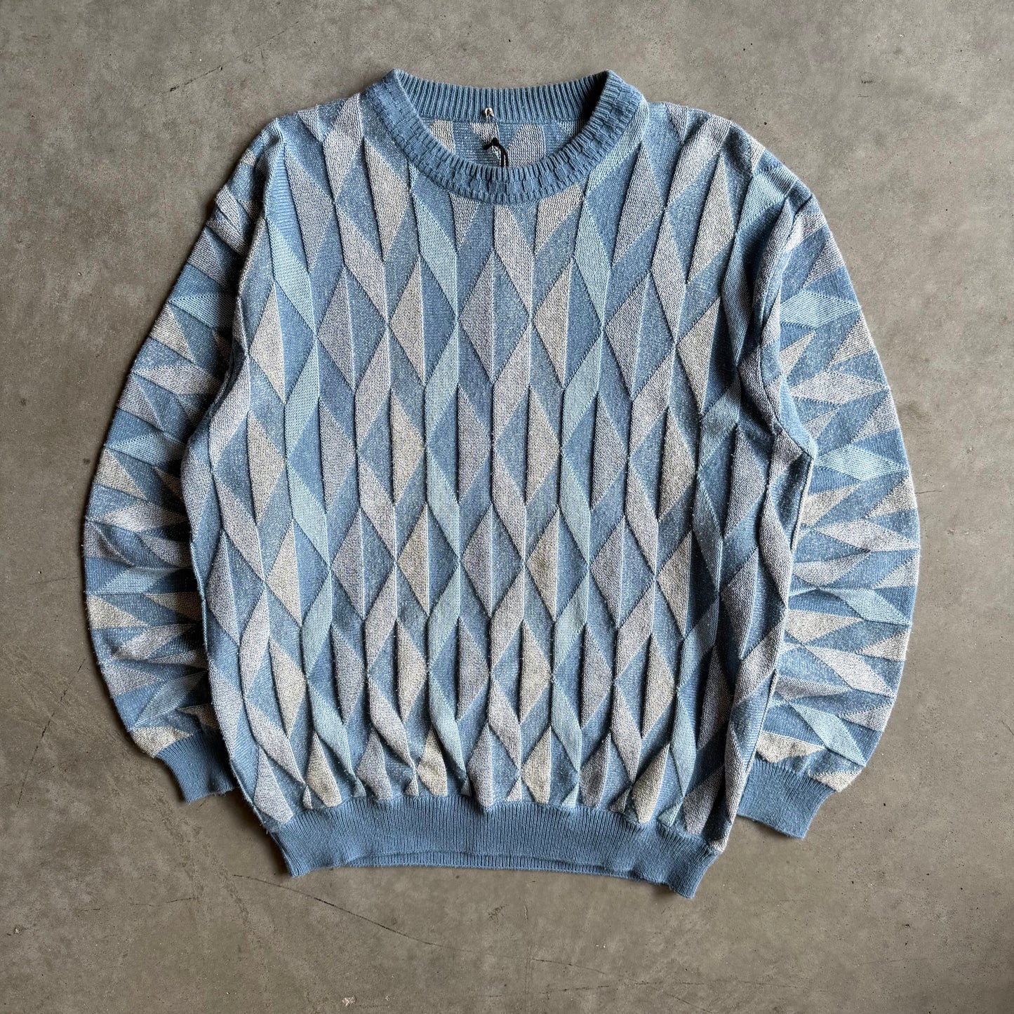 Vintage Geometric 3D Diamond Blue Knit Sweater