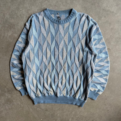 Vintage Geometric 3D Diamond Blue Knit Sweater