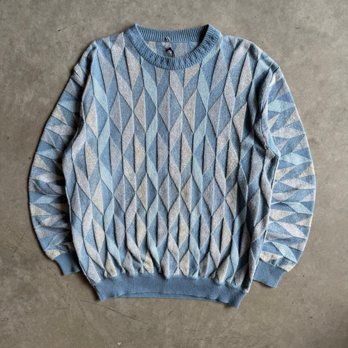 Vintage Geometric 3D Diamond Blue Knit Sweater
