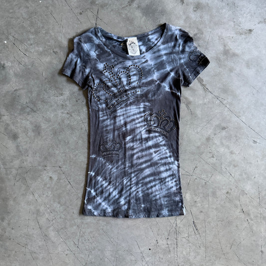 Y2K Vocal Grey Tie Dye Rhinestone Crown Fitted Tee