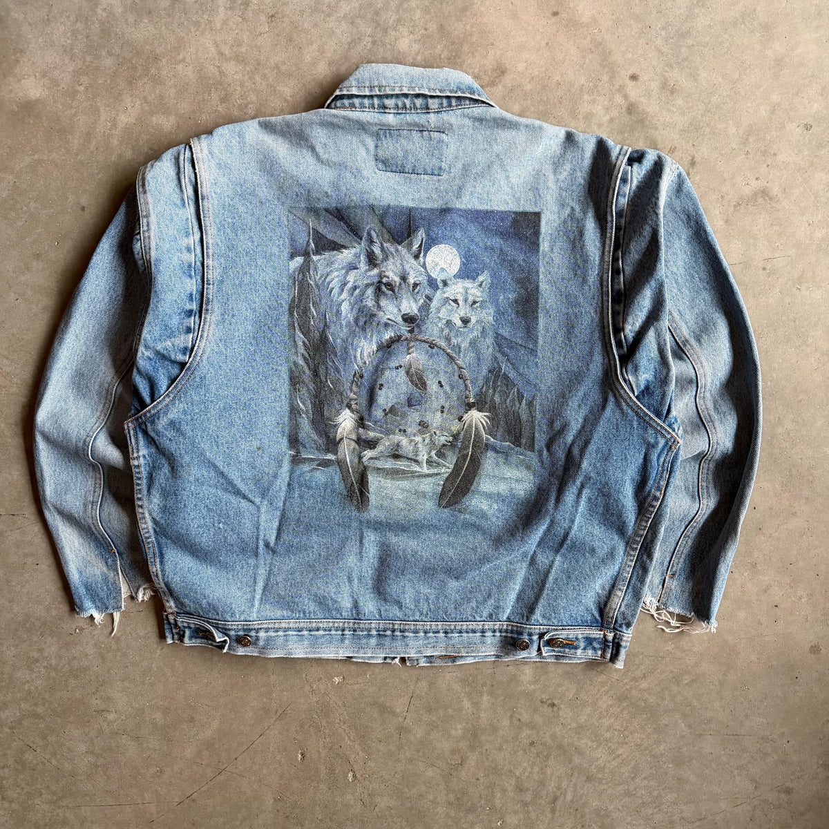 Vintage Tri-Mountain Denim Jacket w/ Wolf Painting On Back
