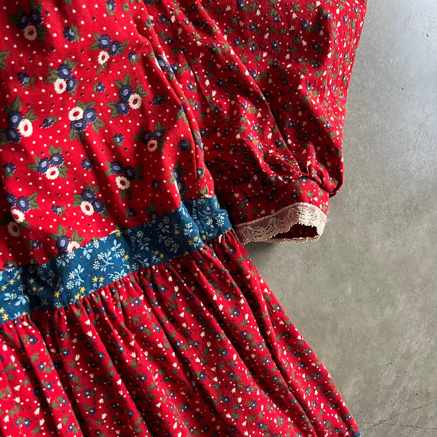 Vintage 70s Gunne Sax Red/Blue Floral Triptych And Polka Dot Prairie Dress