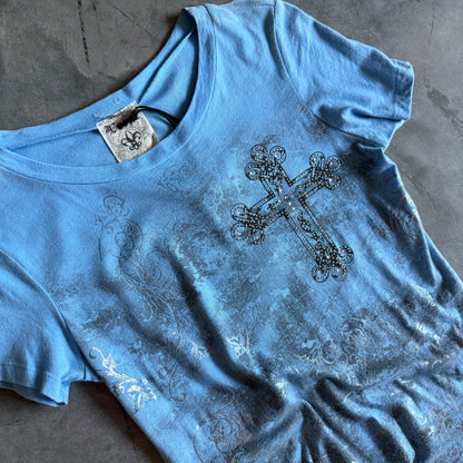 Y2K Vocal Blue/Silver Tattoo Grunge Cross Tee