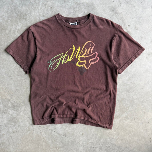 Y2K Fox “Hawaii” Rainbow Spell-Out & Logo Chocolate Tee