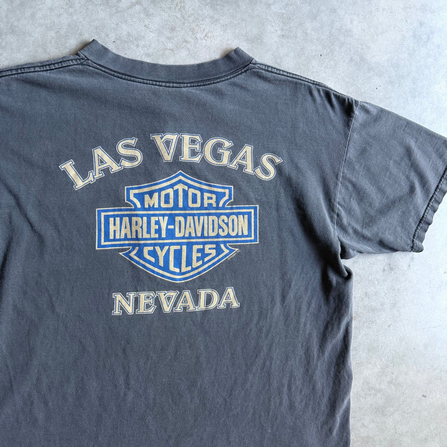 Vintage Las Vegas Harley Davidson Faded Black Shield Spell-Out Tee
