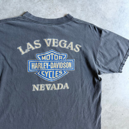 Vintage Las Vegas Harley Davidson Faded Black Shield Spell-Out Tee