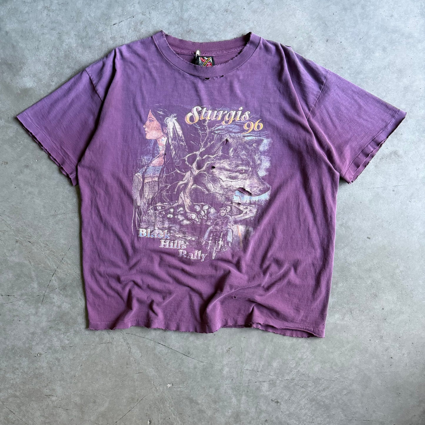 Vintage Sturgis ‘96 3D Emblem Native & Wolf Distressed Burgundy Tee