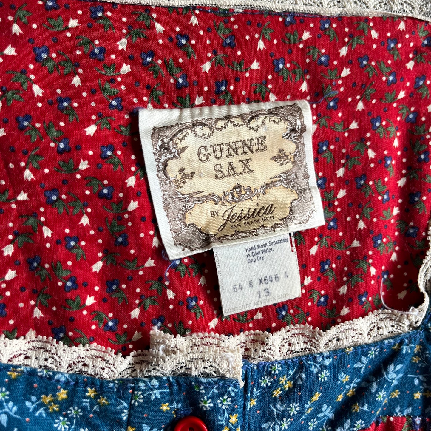 Vintage 70s Gunne Sax Red/Blue Floral Triptych And Polka Dot Prairie Dress