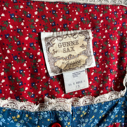 Vintage 70s Gunne Sax Red/Blue Floral Triptych And Polka Dot Prairie Dress