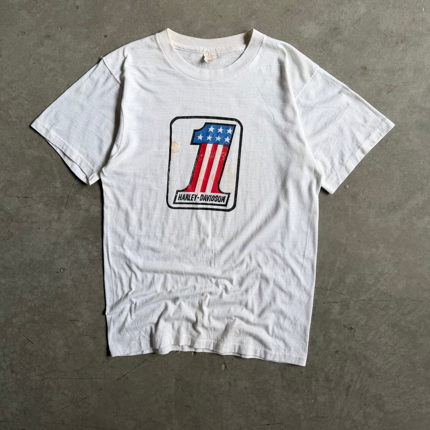 70s Harley Davidson 1 Logo Jimmy Nantista Des Moines White Tee