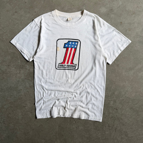 70s Harley Davidson 1 Logo Jimmy Nantista Des Moines White Tee