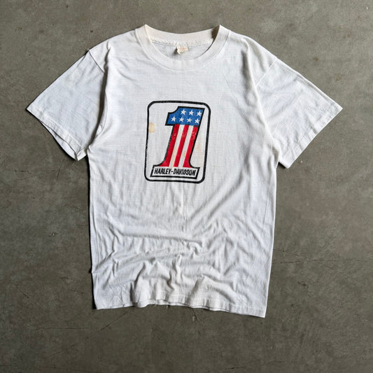 70s Harley Davidson 1 Logo Jimmy Nantista Des Moines White Tee