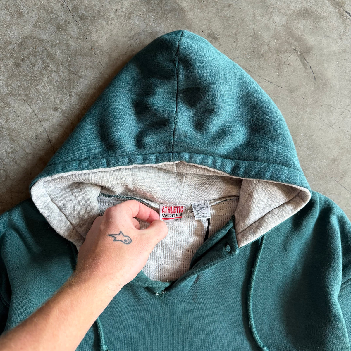 Vintage Athletic Works 2 Button Thermal Lined Green Blank Hoodie