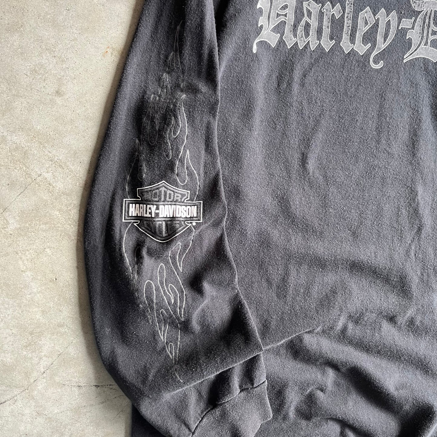 Y2K Harley Davidson Silver Spellout Flame Sleeve Longsleeve