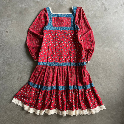Vintage 70s Gunne Sax Red/Blue Floral Triptych And Polka Dot Prairie Dress