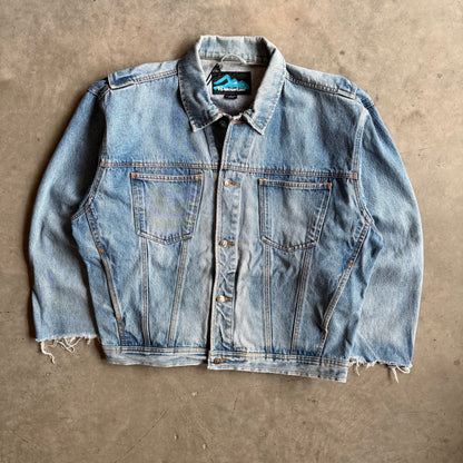 Vintage Tri-Mountain Denim Jacket w/ Wolf Painting On Back