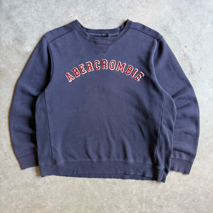 Y2K Abercrombie Faded Navy Blue Chenille Spellout Reverse Weave Crew Neck