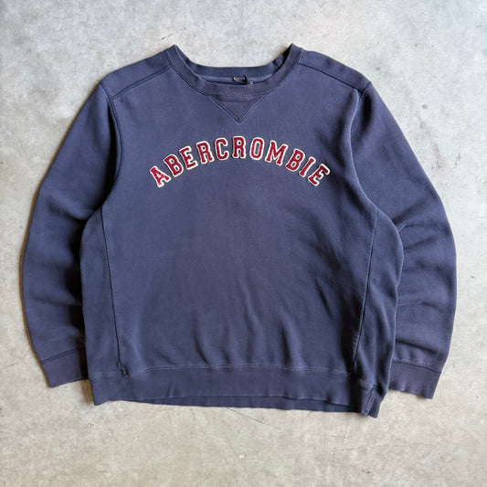 Y2K Abercrombie Faded Navy Blue Chenille Spellout Reverse Weave Crew Neck
