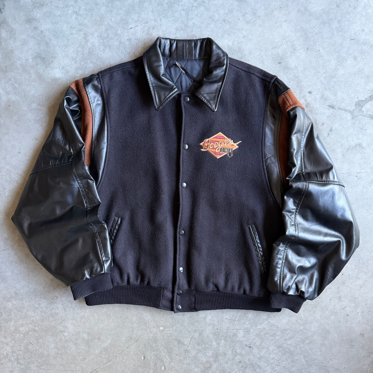 Vintage Boogie’s Diner Leather Arm Wool Varsity Jacket