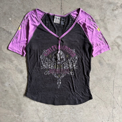 Women’s Y2K Harley Davidson Acid Wash Purple/Black Baseball Tee