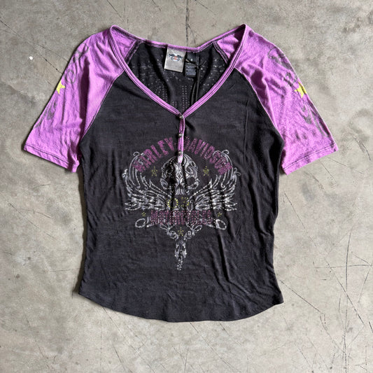 Women’s Y2K Harley Davidson Acid Wash Purple/Black Baseball Tee