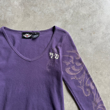 Women’s Y2K Harley Davidson Purple Thermal w/Spellout Tattoo Sleeves